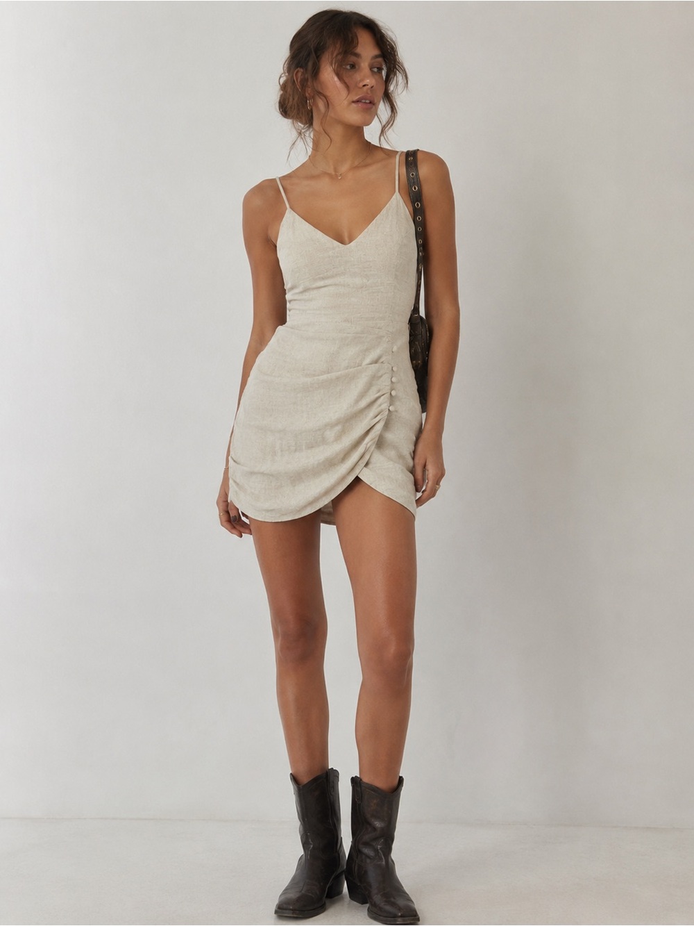Urban Outfitters Spaghetti Strap Ruched Mini Dress Beige Medium